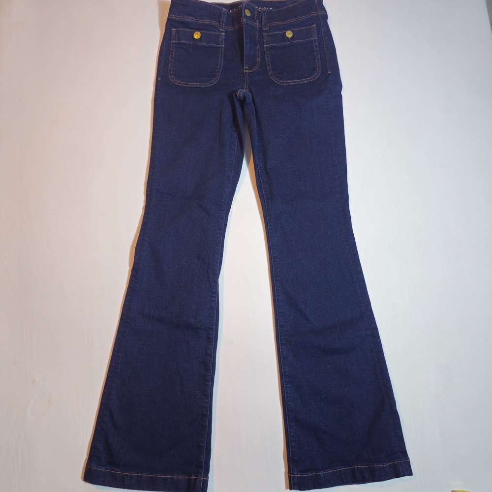 American Eagle Kick Boot Jeans Womens 8 Blue Denim Patch Pockets Boho Streetwear